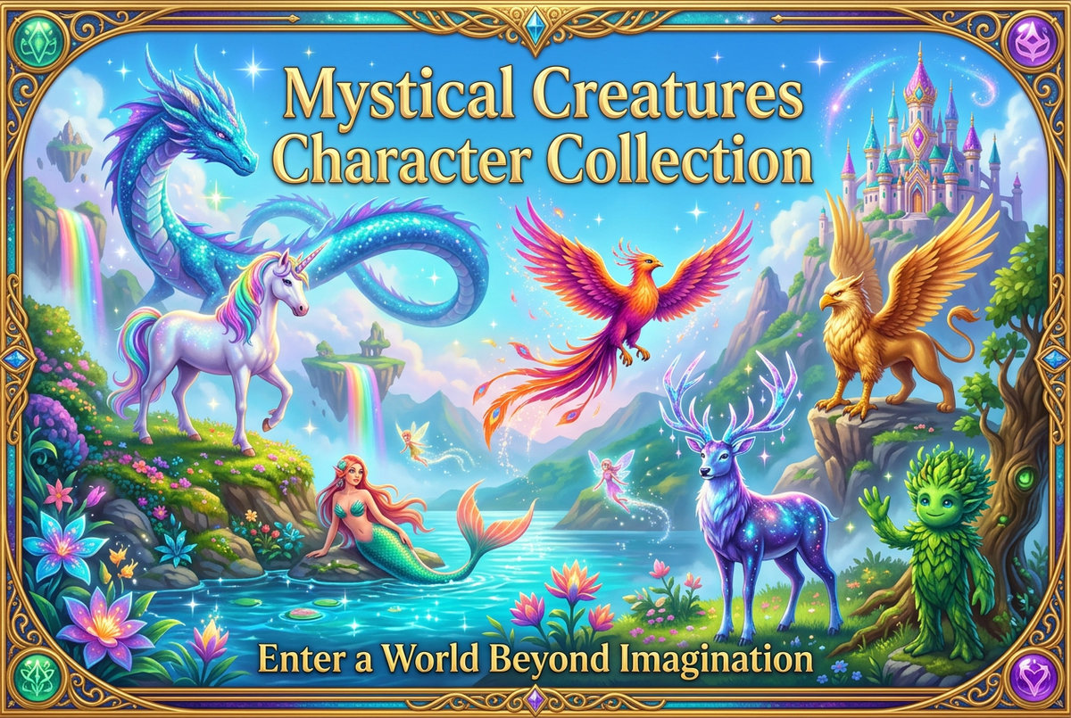 Mystical Creatures Character Collection front-page image with numerous vivid fantasy creatures and the subheader Enter a World Beyond Imagination
