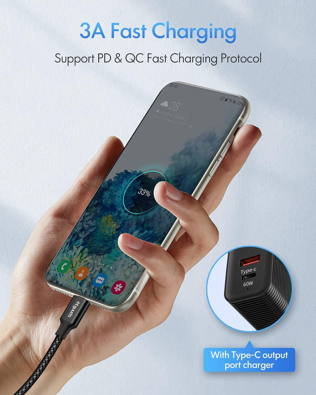 USB C to USB C Cable [3Ft, 2-Pack],  60W/3A Fast Charging USB Type C Charger Cord Compatible with Samsung Galaxy S22/S22+, S21/S21+, S20/S20+ Ultra 5G, Note 20/10 Ultra 5G, Pixel, Switch &amp; More